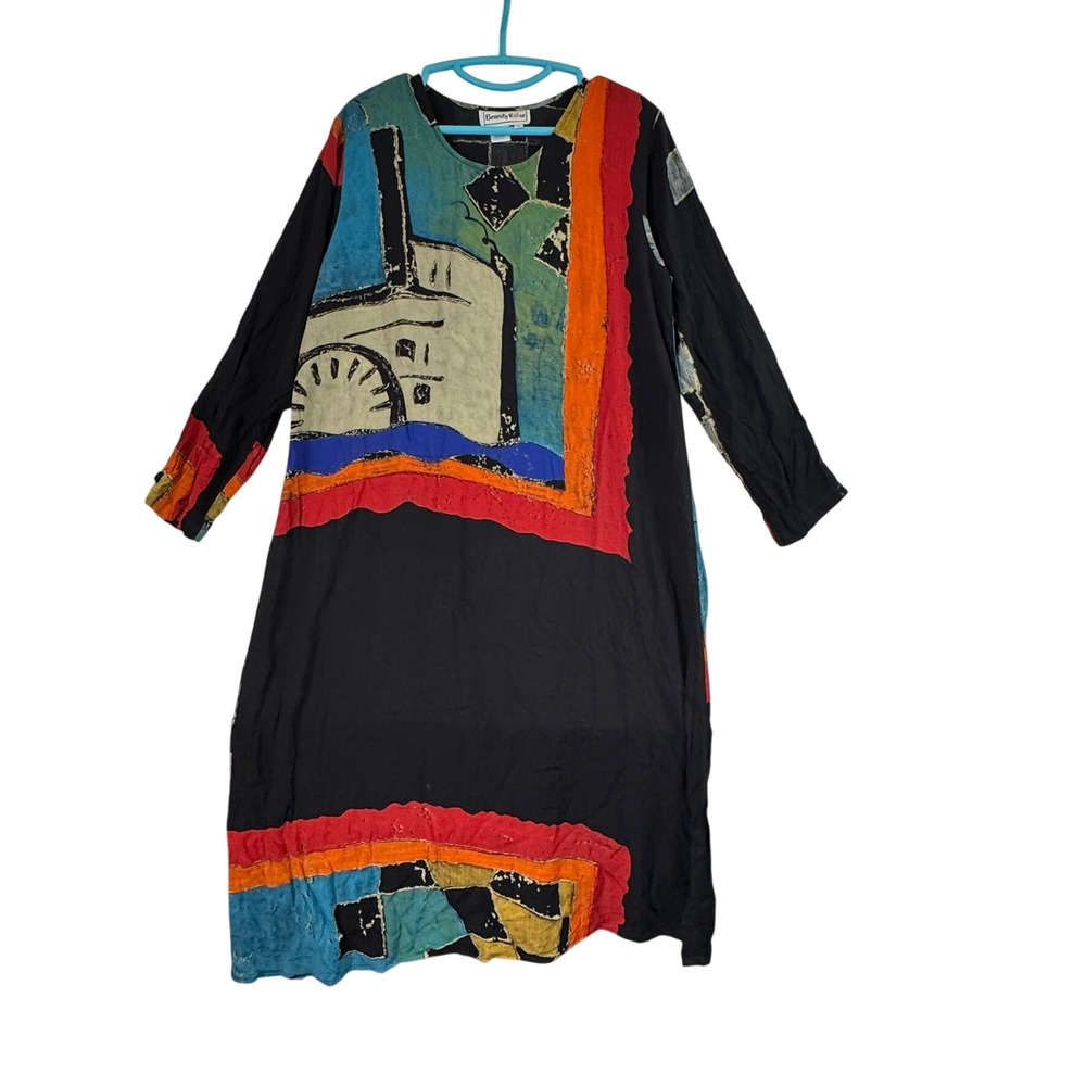 Beverly Rose Womens Medium Abstract Batik Print Rayon Midi Dress Long Sleeve Art